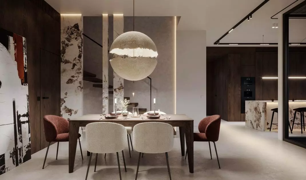 Dining room with large-format painting by Eva Jablonsky