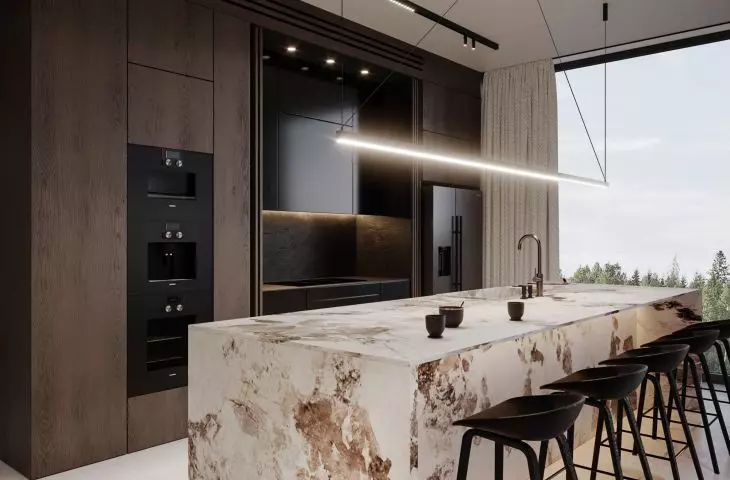 Kitchen with an island made of Patagonia quartzite
