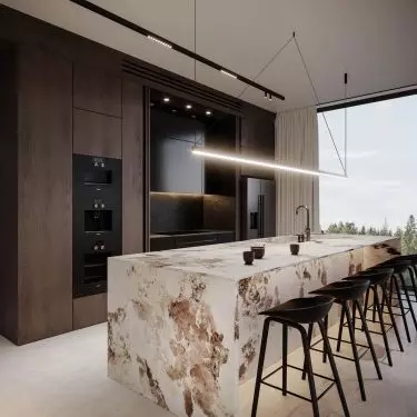 Kitchen with an island made of Patagonia quartzite
