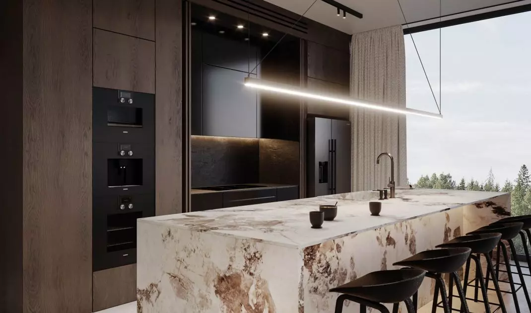 Kitchen with an island made of Patagonia quartzite