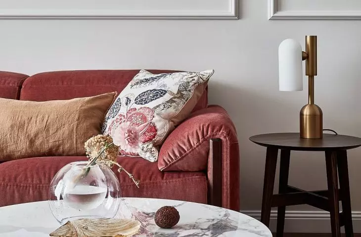 Red accents enliven the space