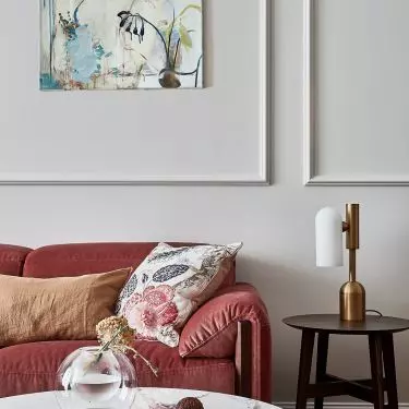 Red accents enliven the space