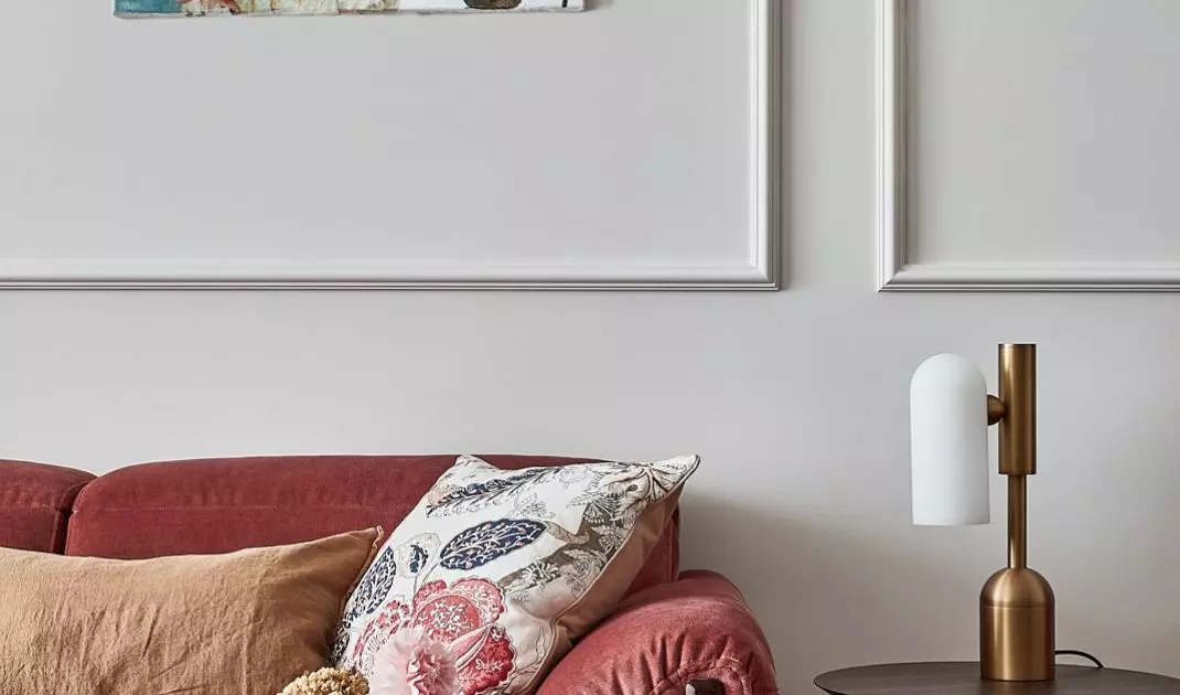 Red accents enliven the space