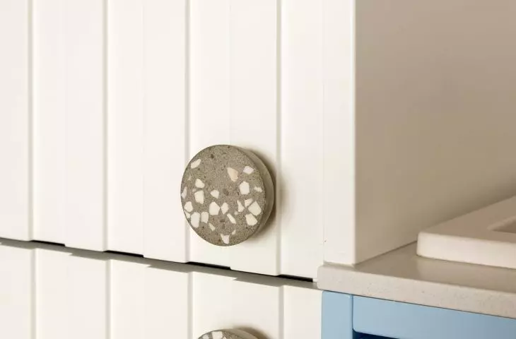 kitchen built-in detail, patterned handles