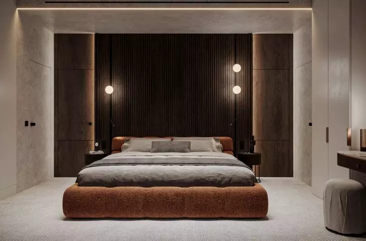 Bedroom with wooden wall 