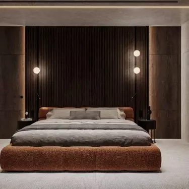 Bedroom with wooden wall 