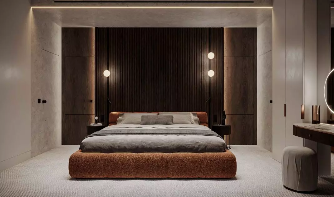 Bedroom with wooden wall 