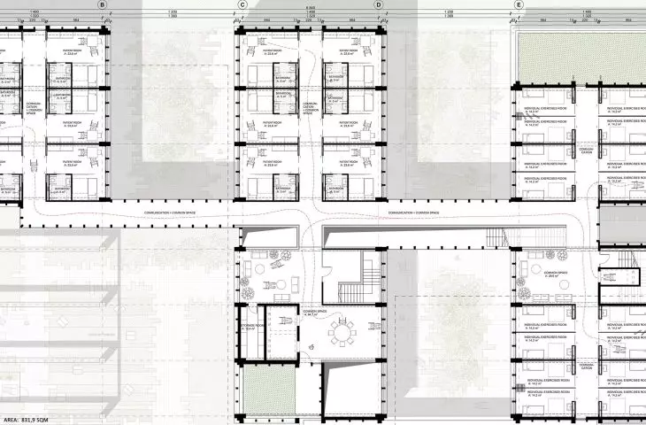 Centrum rehabilitacji w Gdańsku, rzut poziomu 1 (praca konkursowa)