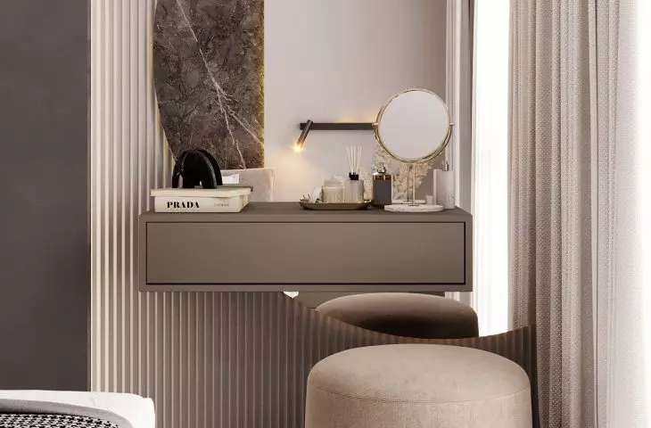 Toilet was set against a fluted wall with a mirror