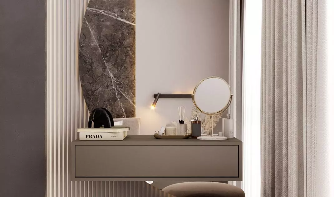 Toilet was set against a fluted wall with a mirror