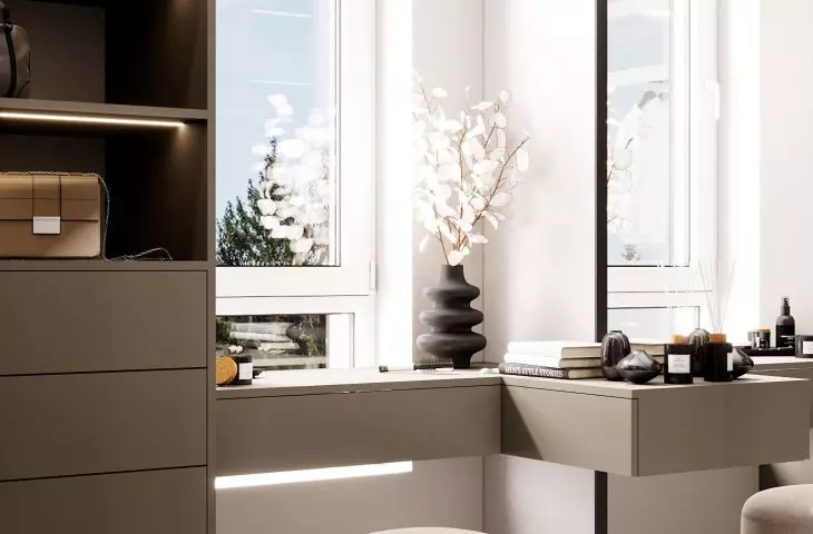 In the dressing room, a corner has been arranged with a countertop and a seat