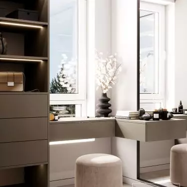 In the dressing room, a corner has been arranged with a countertop and a seat