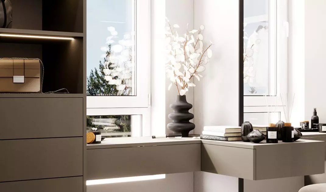 In the dressing room, a corner has been arranged with a countertop and a seat