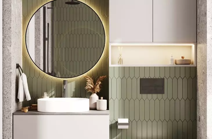 The bathroom was decorated in green and gray colors 