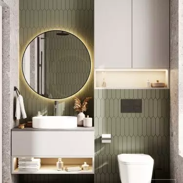 The bathroom was decorated in green and gray colors 