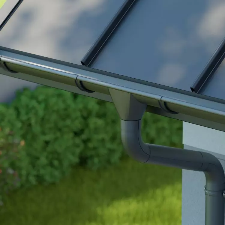 The gutter system consists of: gutters, downpipes, fittings, connectors, bolts, brackets, brackets and drains