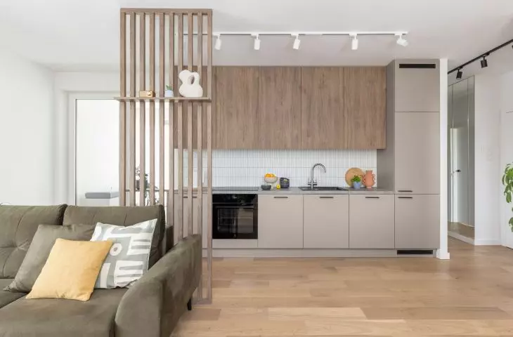 The kitchen was separated from the living room by a lamellar divider