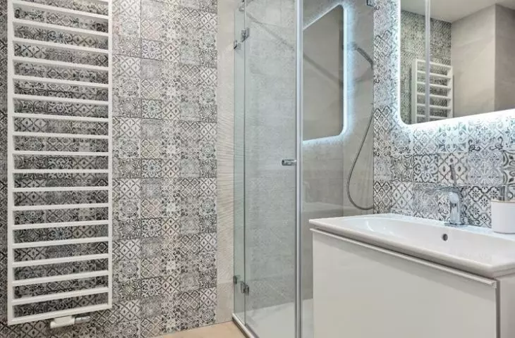 The guest bathroom was inspired by the architecture of Gdańsk