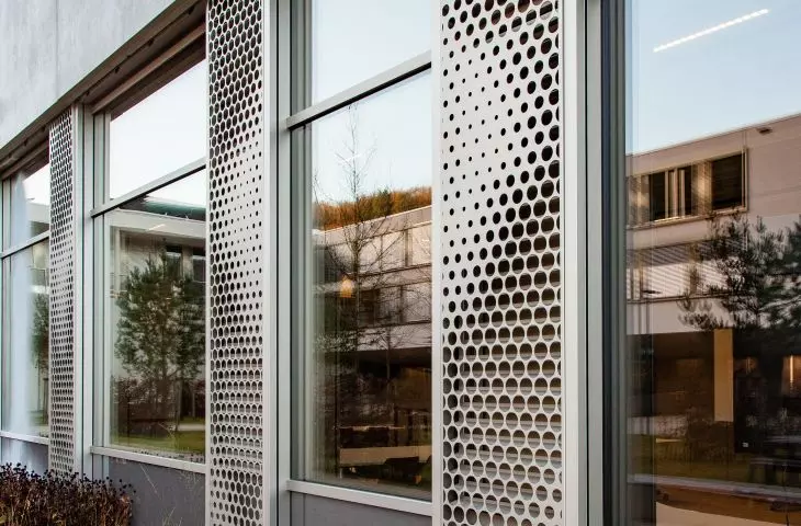 Perforated metal facade on the Edward Steichen High School in Clervaux