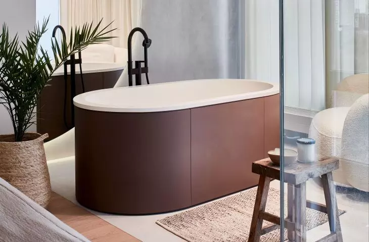 The bedroom has a bathtub