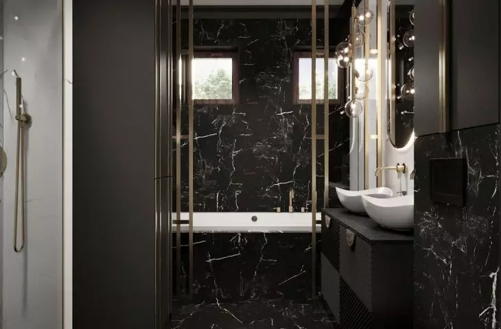 The bathroom was decorated in dark colors