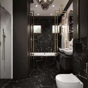 The bathroom was decorated in dark colors