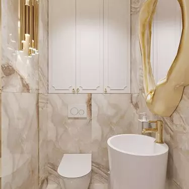 The toilet is dominated by a combination of white and gold