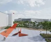 New green arcade at Poznań Fair, friendly shortcut in Lazarus district, visualization  