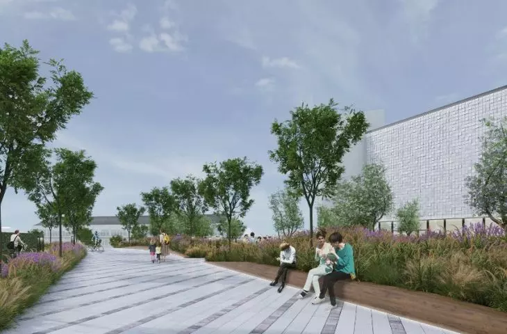 New green arcade at Poznań Fair, friendly shortcut in Lazarus district, visualization