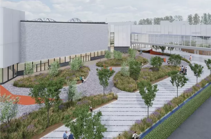 New green arcade at Poznań Fair, friendly shortcut in Lazarus district, visualization