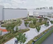 New green arcade at Poznań Fair, friendly shortcut in Lazarus district, visualization