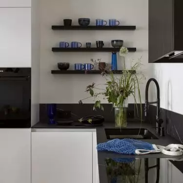 Open shelves in the kitchen allow items to be displayed