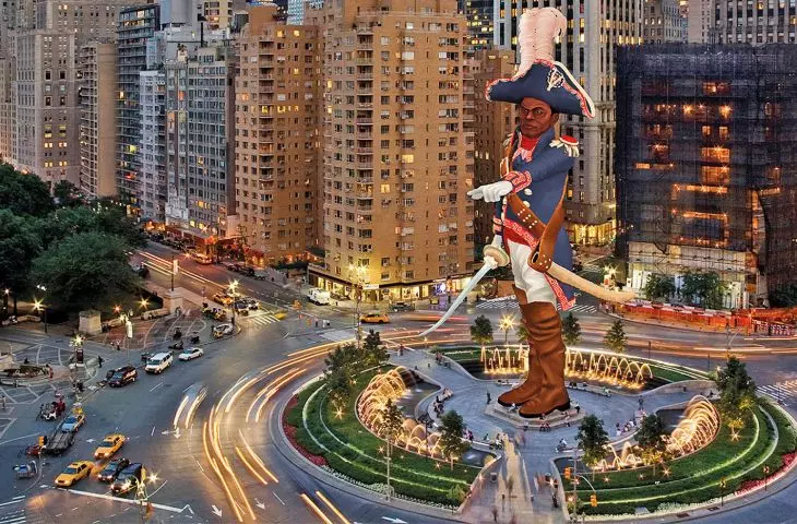 „Monuments Project”, proj.: Kinfolk, 2022; propozycja pomnika w rozszerzonej rzeczywistości na cześć generała Toussainta Louverture na Columbus Cirlcle oraz widok aplikacji AR 