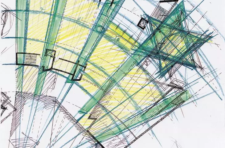 Centrum Kultury Żydowskiej w Duisburgu, Niemcy, proj.: Zvi Hecker, 1996–2000; akryl na płótnie oraz ołówek i pióro na papierze (42×29,7 cm), 1996