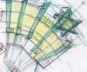Centrum Kultury Żydowskiej w Duisburgu, Niemcy, proj.: Zvi Hecker, 1996–2000; akryl na płótnie oraz ołówek i pióro na papierze (42×29,7 cm), 1996