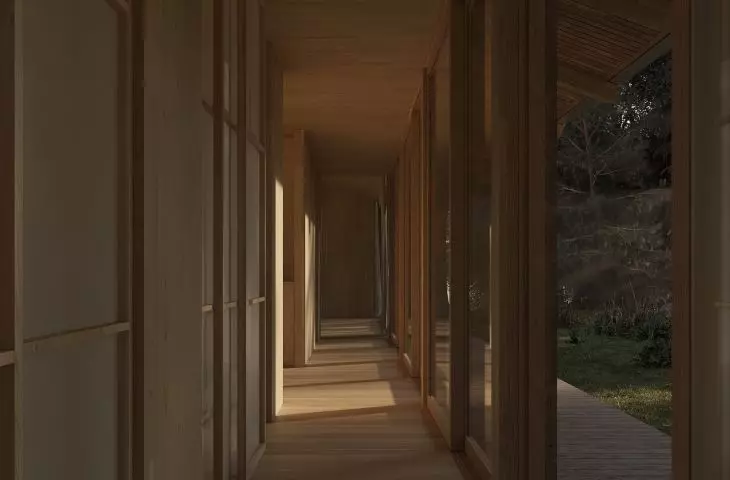 The yoga house has an amphilad layout