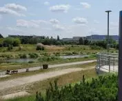 View from the park in the Old Warta Riverbed to the site of the bridge over the Warta River