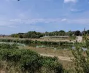 View of the site for the new bridge from Ostrów Tumski; the chimney of the Old Gasworks is visible
