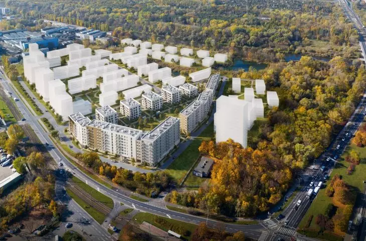 Osiedle Portowo w Poznaniu, masterplan, wizualizacja, widok z lotu ptaka znad ronda Starołęka