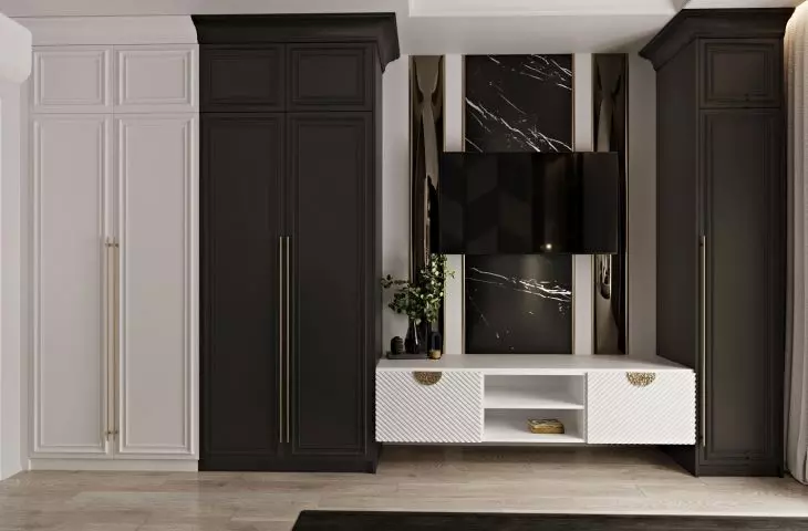 The arrangement is dominated by dark colors