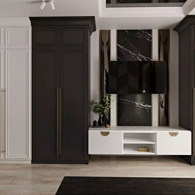 The arrangement is dominated by dark colors