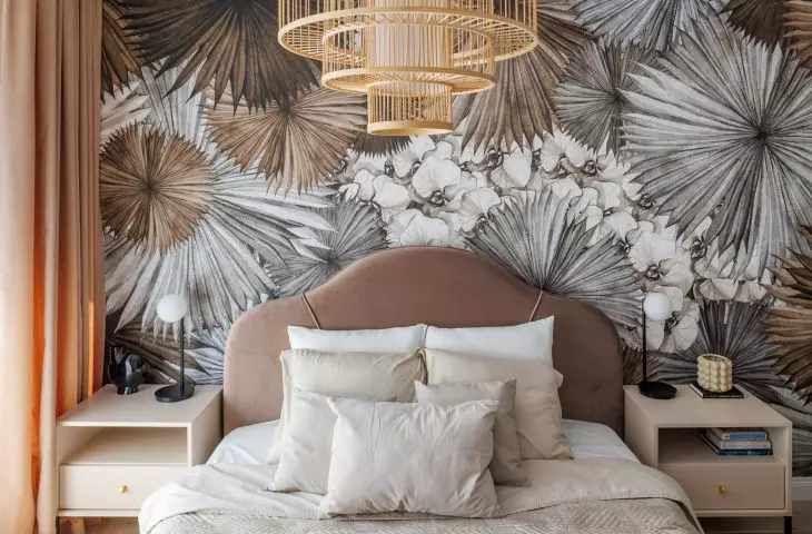 The most decorative element is wallpaper with a floral motif. 