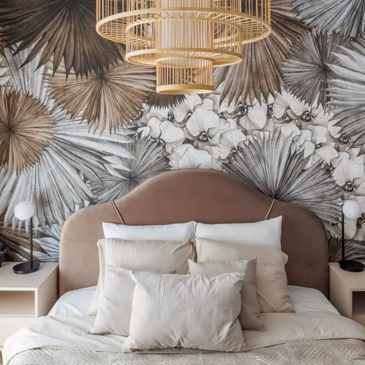 The most decorative element is wallpaper with a floral motif.