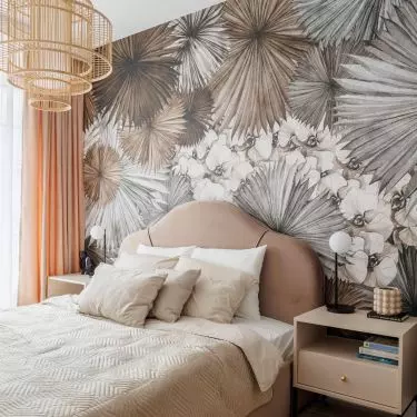 Apricot wallpaper creates a nice contrast with the muted interior colors