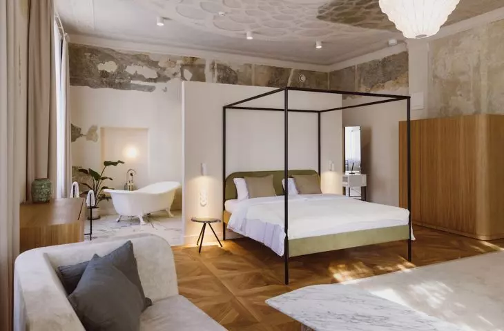 The interior of one of the hotel rooms in Uphagen Manor in Gdansk - the history of the place and its original fabric combined with contemporary solutions