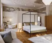 The interior of one of the hotel rooms in Uphagen Manor in Gdansk - the history of the place and its original fabric combined with contemporary solutions
