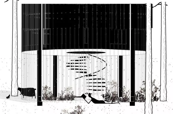 The cabin is placed between trees on four steel columns