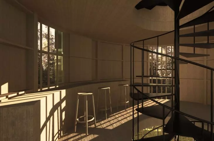 The interior is made of wood in warm tones