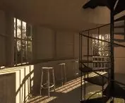 The interior is made of wood in warm tones