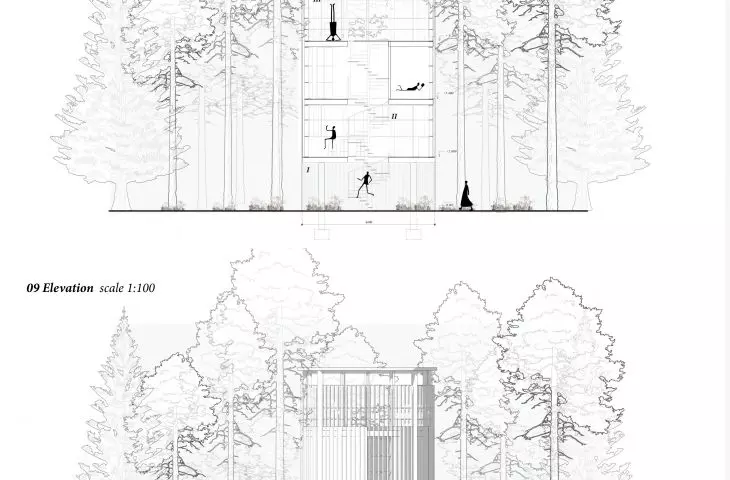 Yoga cabin, cross-section and elevation